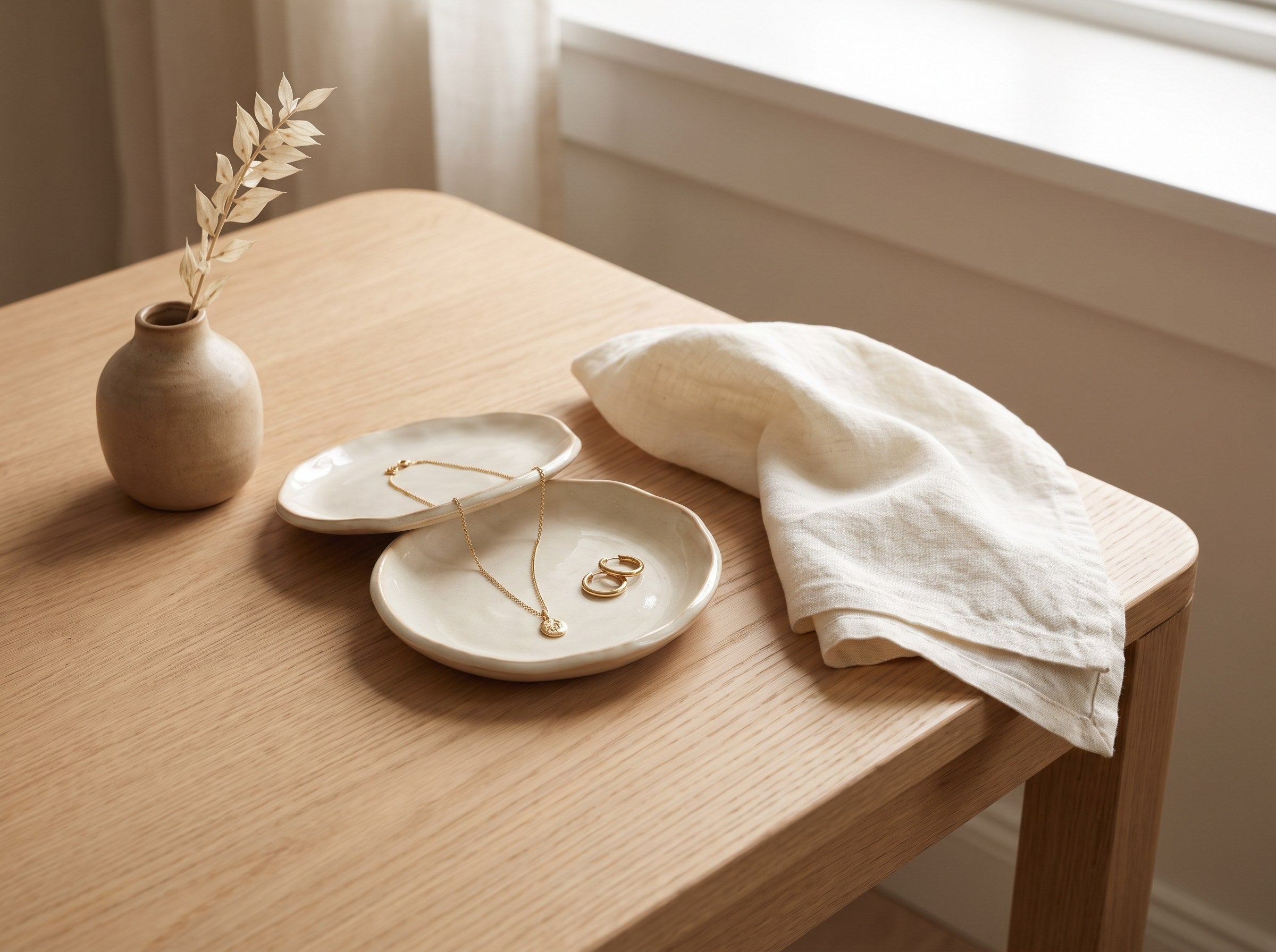 Gold-plated chain necklace and hoop earrings in a cream ceramic dish on an oak table