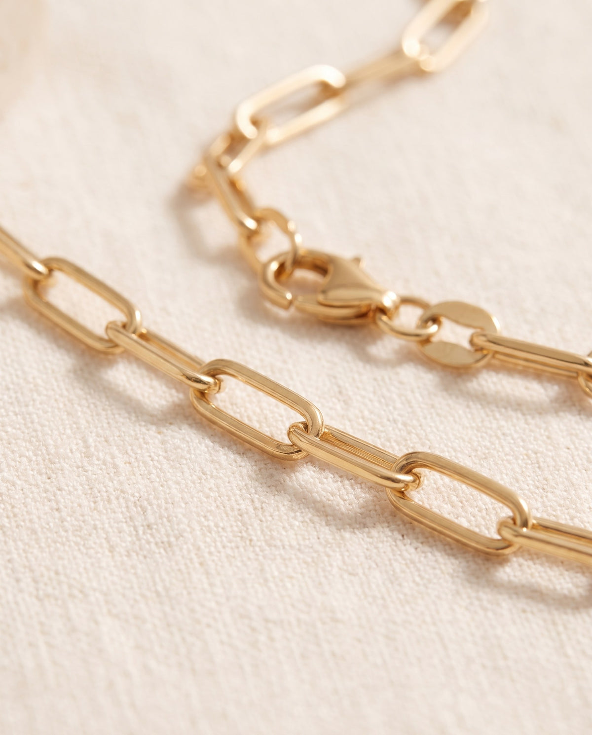 Close-up of the elongated links and lobster clasp of the Paperclip Chain Necklace